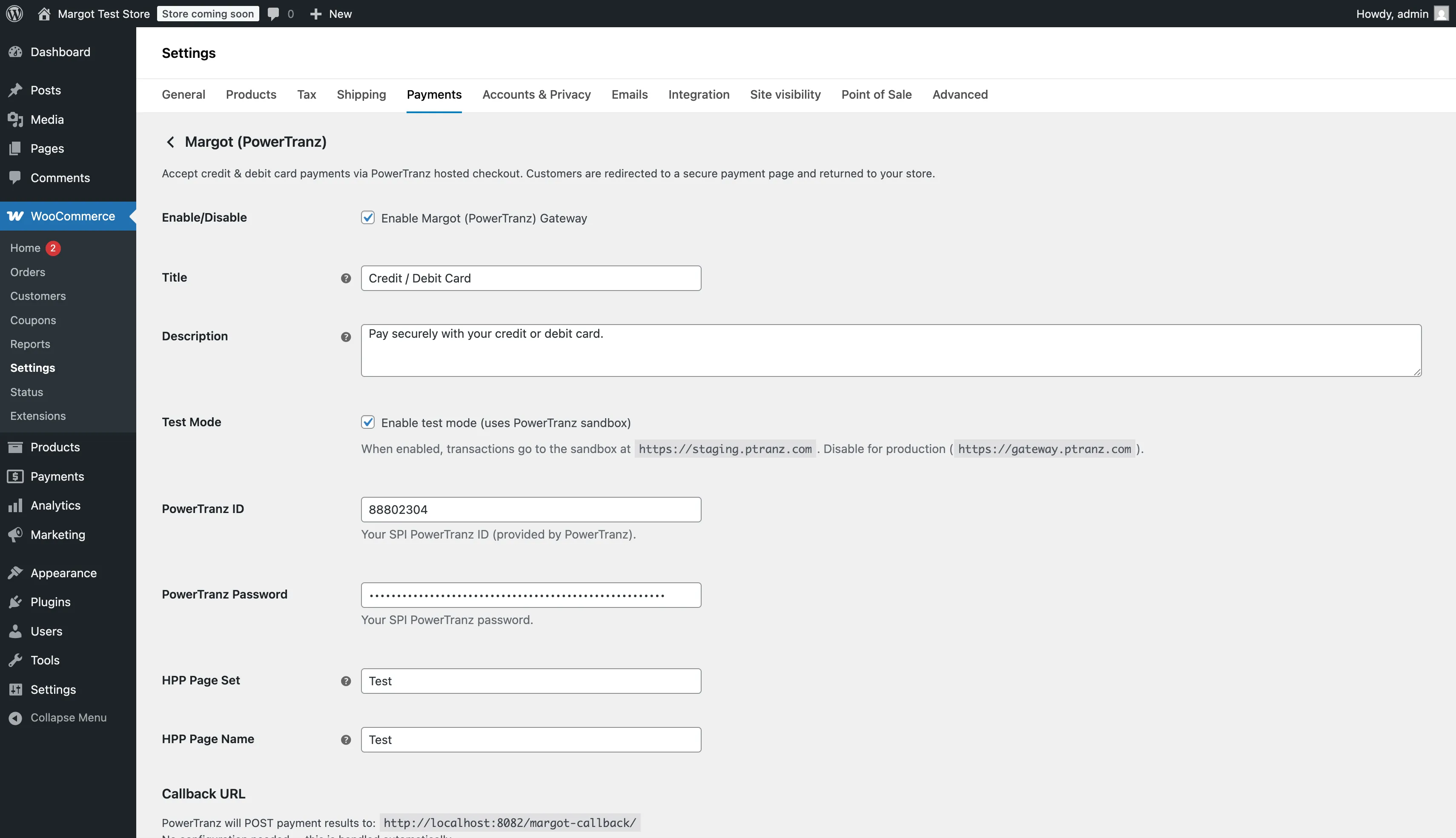 Margot WooCommerce admin page