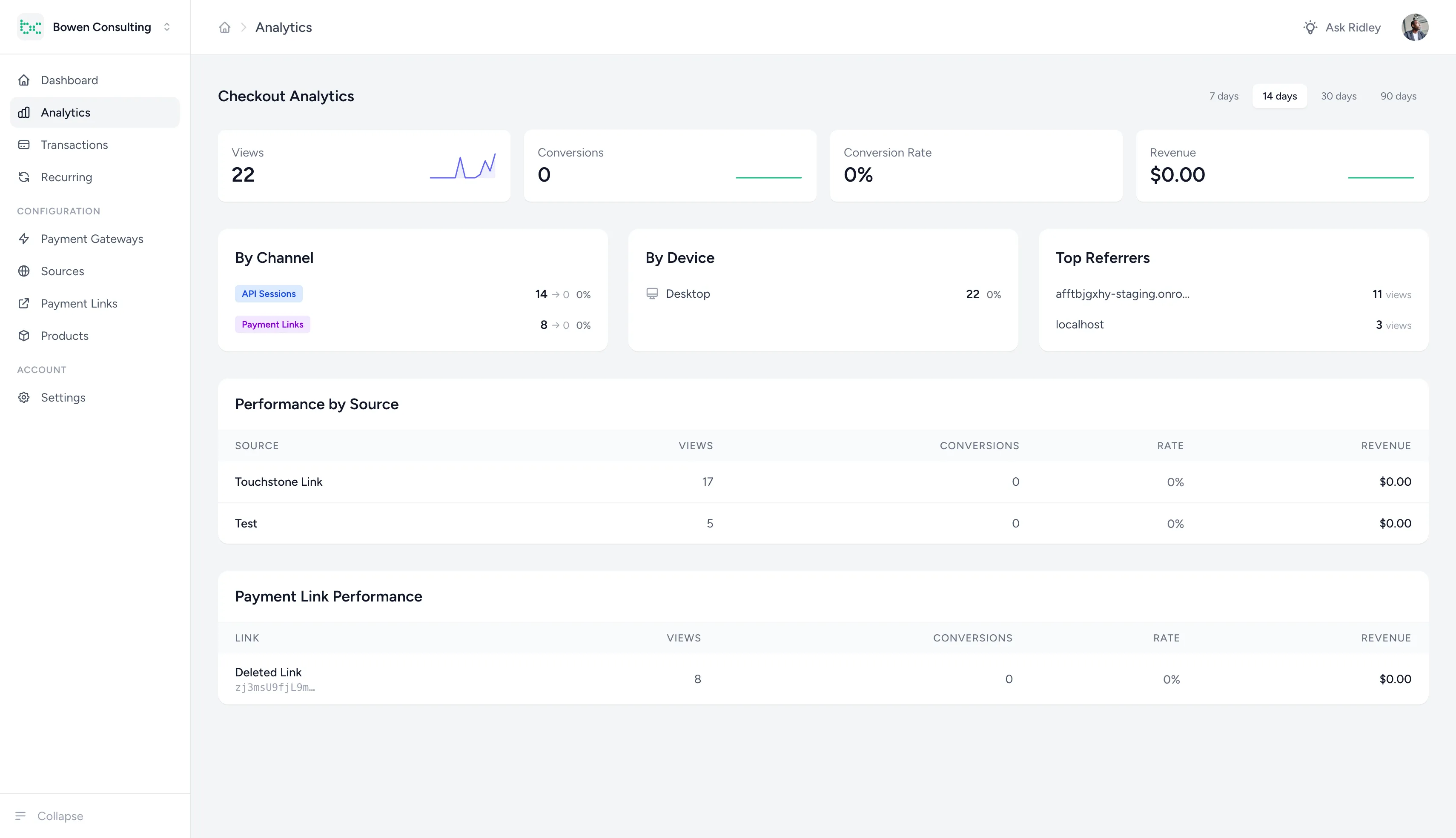 Ridley analytics dashboard